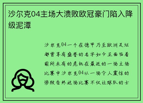 沙尔克04主场大溃败欧冠豪门陷入降级泥潭 沙尔克04主场大溃败欧冠豪门陷入降级泥潭